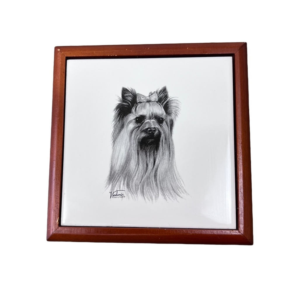 VINTAGE Yorkshire Terrier wooden porcelain trinket jewelry BOX
